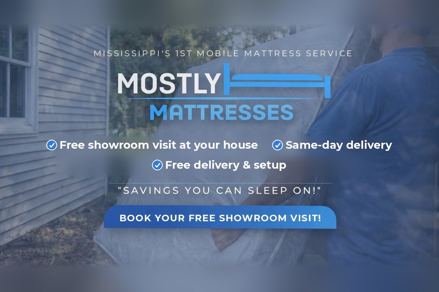 Mostly Mattresses graphic showing a man carrying a wrapped mattress beside a house