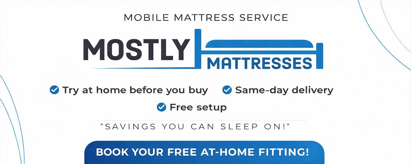 Mostly Mattresses logo with the words: try at home before you buy, same-day delivery, free setup, savings you can sleep on