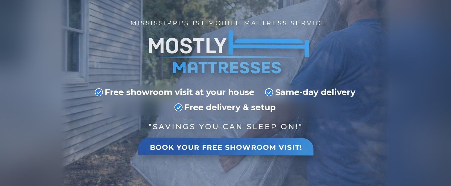 Mostly Mattresses graphic with a man carrying a wrapped mattress beside a house